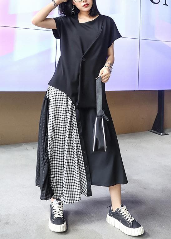 Women's summer mid-length a-line skirt high waist fashion black stitching chiffon plaid skirt AT-SKTS200723