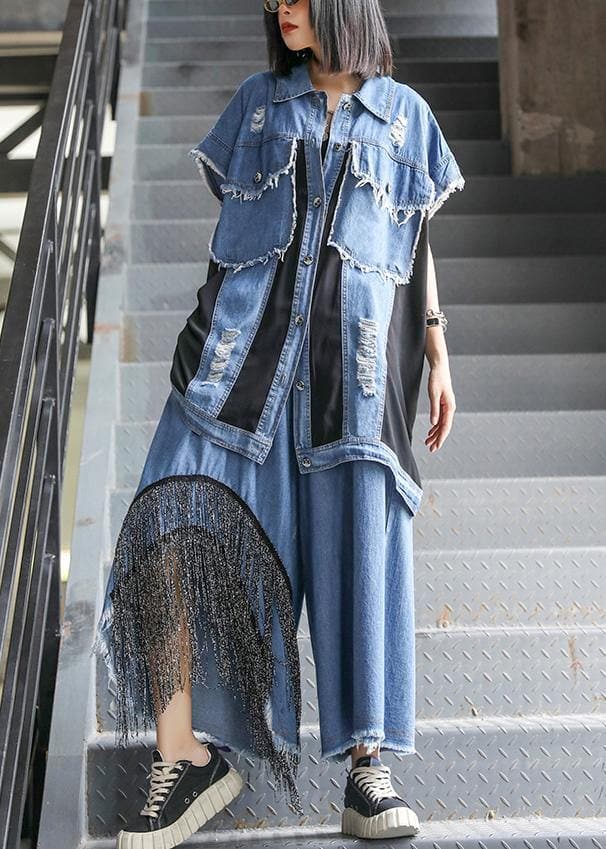 Sold Out- trendy large size thin western denim blue Vest wide leg pants two-piece suit AT-SDL200723