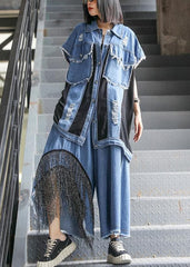 Sold Out- trendy large size thin western denim blue Vest wide leg pants two-piece suit AT-SDL200723