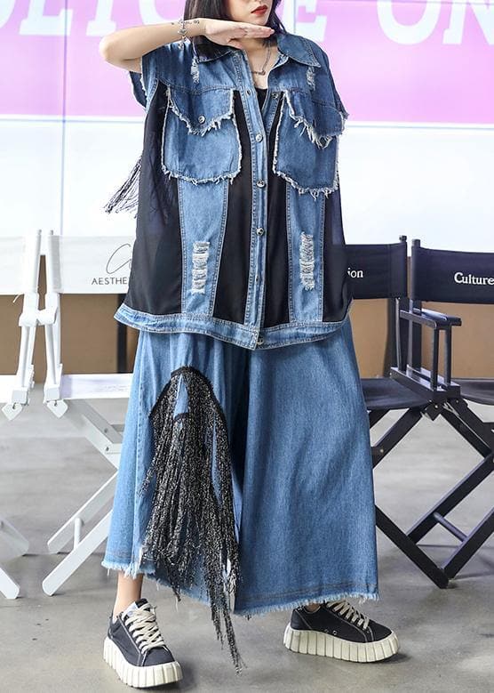 Sold Out- trendy large size thin western denim blue Vest wide leg pants two-piece suit AT-SDL200723