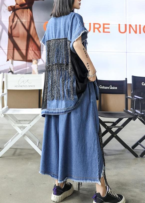 Sold Out- trendy large size thin western denim blue Vest wide leg pants two-piece suit AT-SDL200723