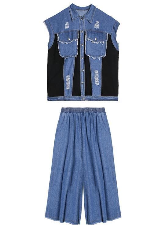 Sold Out- trendy large size thin western denim blue Vest wide leg pants two-piece suit AT-SDL200723