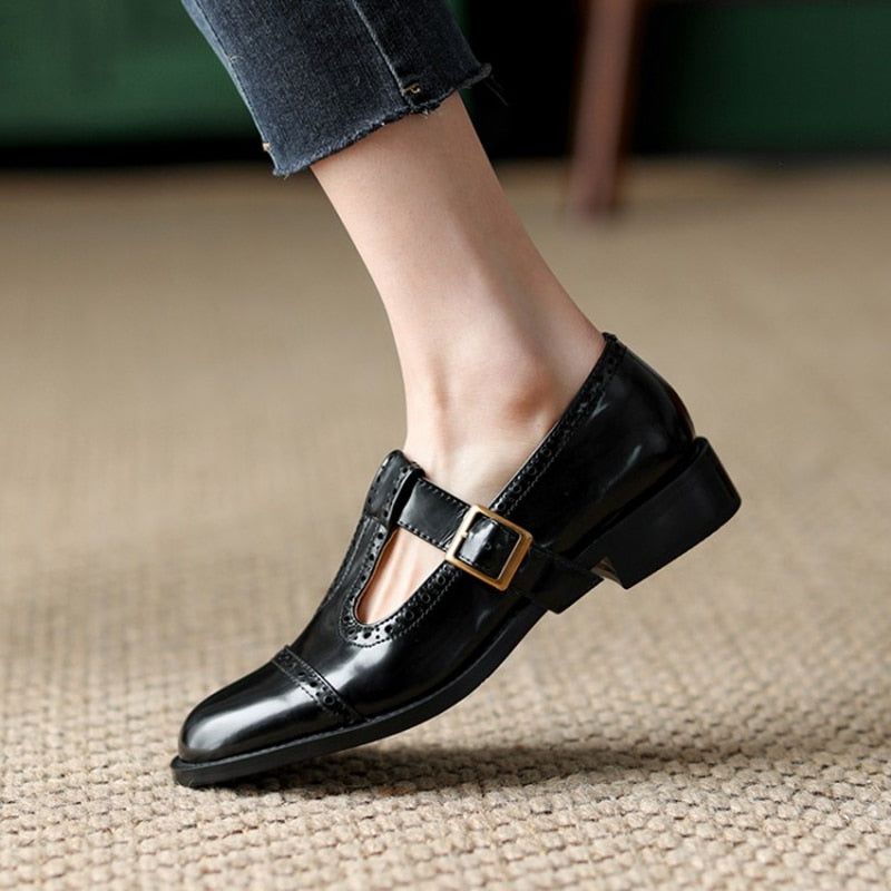 Women's Casual Shoes Round Toe Chunky Heel Split Leather Brogues Pumps GCSR233 Touchy Style