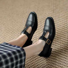 Women's Casual Shoes Round Toe Chunky Heel Split Leather Brogues Pumps GCSR233 Touchy Style