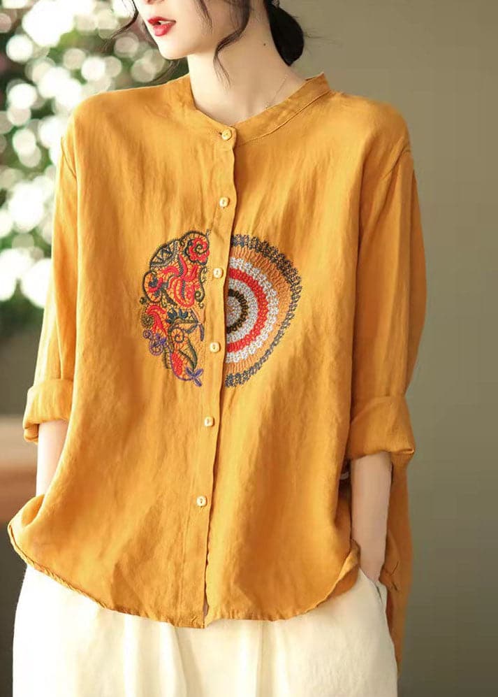 Yellow Button Casual Linen Shirt Tops Stand Collar Long Sleeve GK-LTP220127