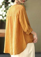 Yellow Button Casual Linen Shirt Tops Stand Collar Long Sleeve GK-LTP220127