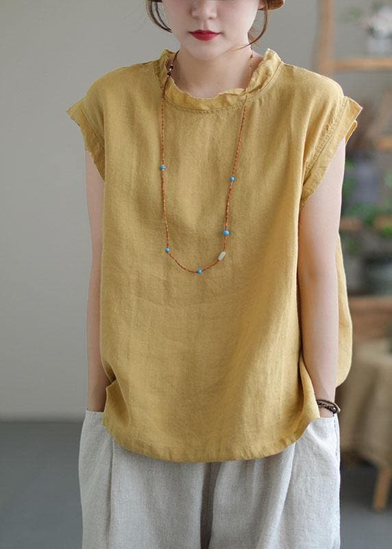 Yellow Drawstring Patchwork Summer Linen Tank Sleeveless GK-VTP210721