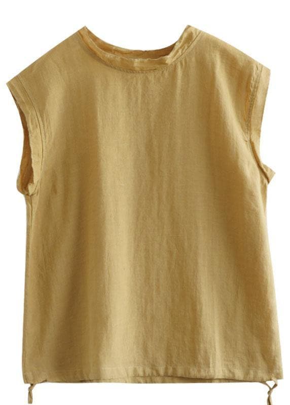 Yellow Drawstring Patchwork Summer Linen Tank Sleeveless GK-VTP210721