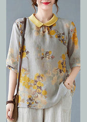 Yellow Peter Pan Collar Print Tops Half Sleeve GK-HTP220419