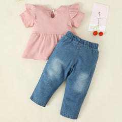 Bow Detail Short Sleeve Top and Distressed Jeans Set dylinoshop