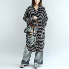 autumn black white striped cotton cardigans plus size casual long wrap coat CTS171028