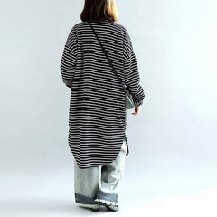 autumn black white striped cotton cardigans plus size casual long wrap coat CTS171028