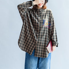 autumn casual blackish green cotton blouse oversize cartoon print batwing sleeve tops LTP171028