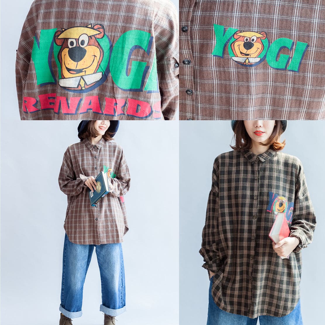 autumn casual blackish green cotton blouse oversize cartoon print batwing sleeve tops LTP171028