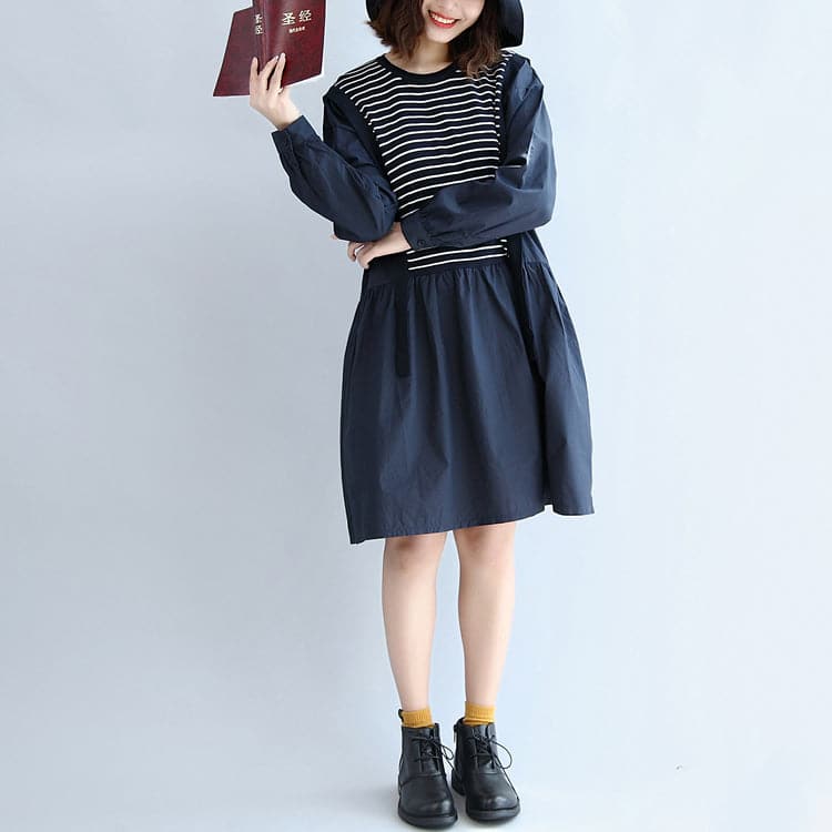 autumn cotton patchwork knit striped dresses oversize elastic waist long sleeve mid dress FDM171028