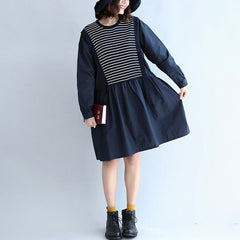 autumn cotton patchwork knit striped dresses oversize elastic waist long sleeve mid dress FDM171028