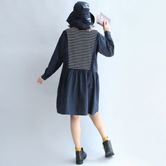 autumn cotton patchwork knit striped dresses oversize elastic waist long sleeve mid dress FDM171028