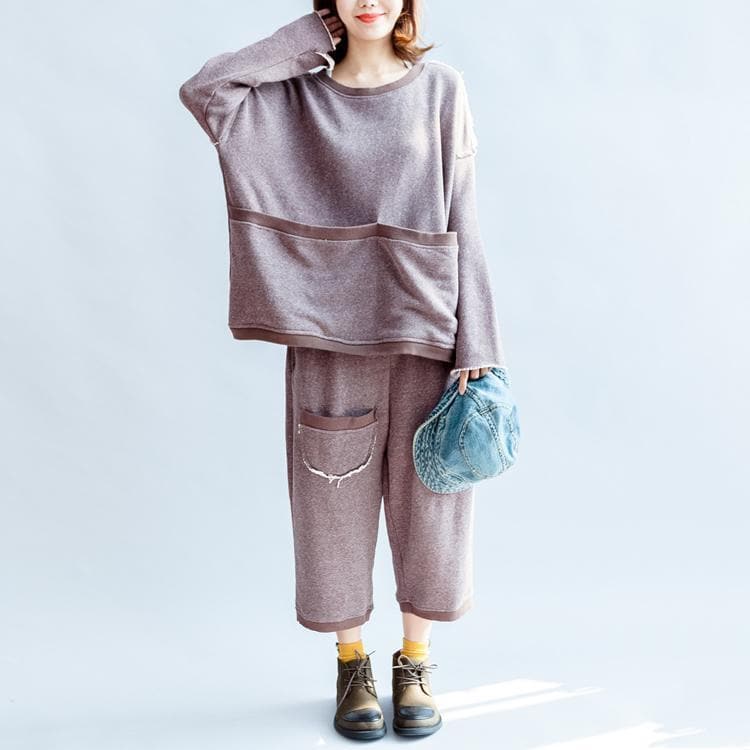 autumn light purple casual cotton knit tops and casual knit crop pants plus size pockets sport suit NTP171028