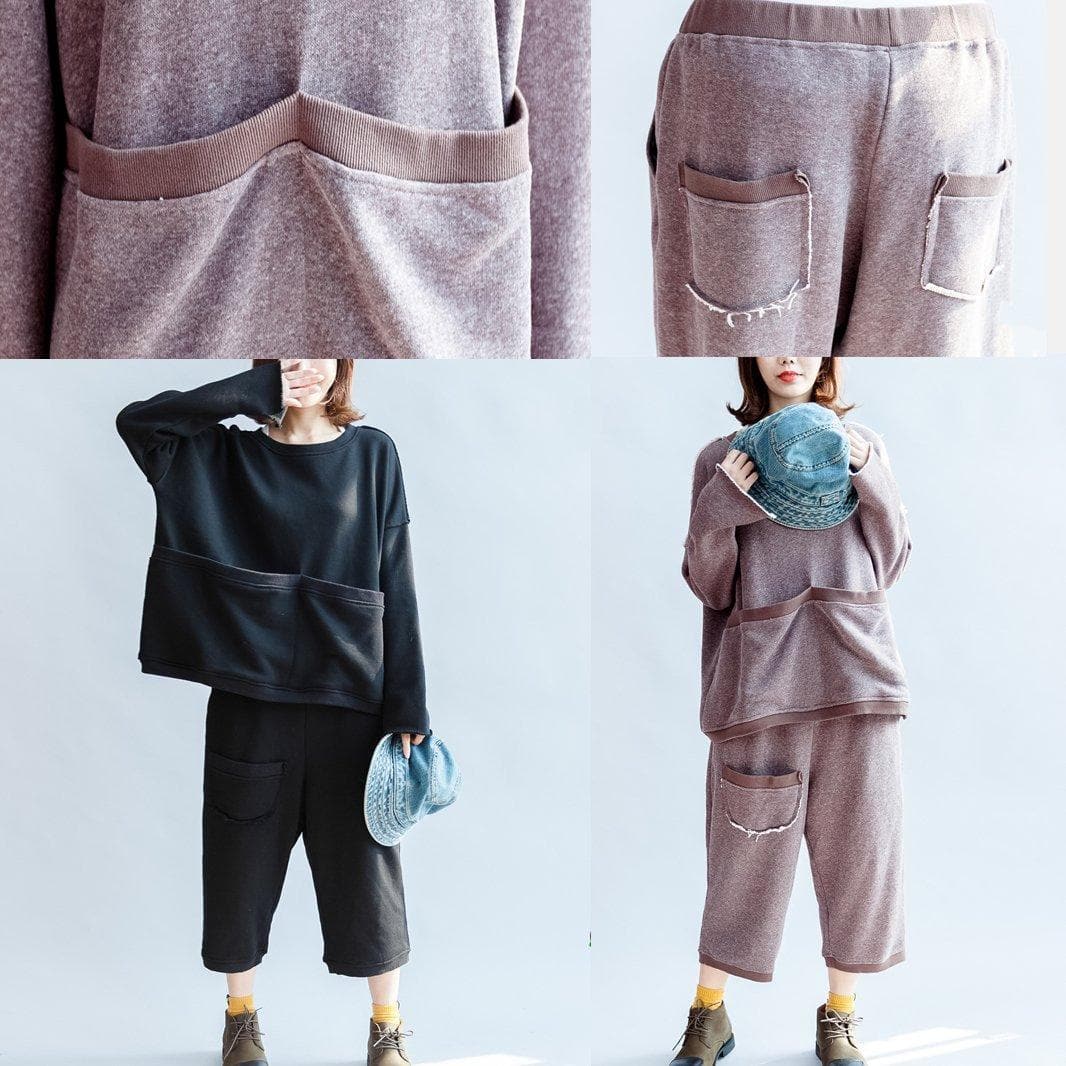 autumn light purple casual cotton knit tops and casual knit crop pants plus size pockets sport suit NTP171028