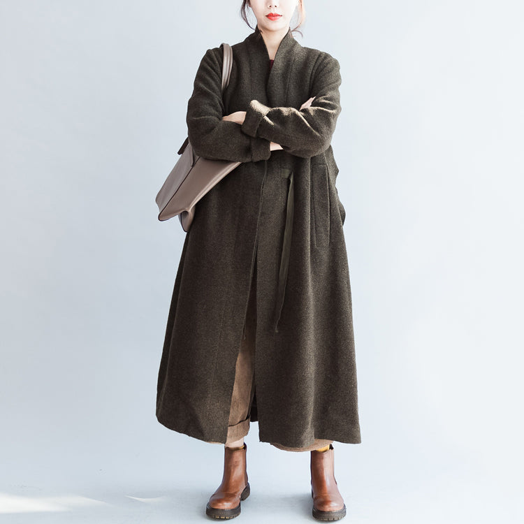 autumn winter blackish green fashion woolen cardigans plus size tie waist women trench coats TCT171028