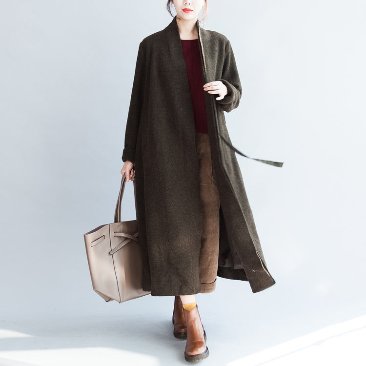 autumn winter blackish green fashion woolen cardigans plus size tie waist women trench coats TCT171028