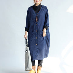 autumn winter warm navy cotton trench coats woolen loose pockets v neck cardigans CDG171101