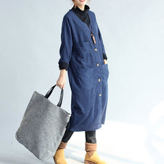 autumn winter warm navy cotton trench coats woolen loose pockets v neck cardigans CDG171101