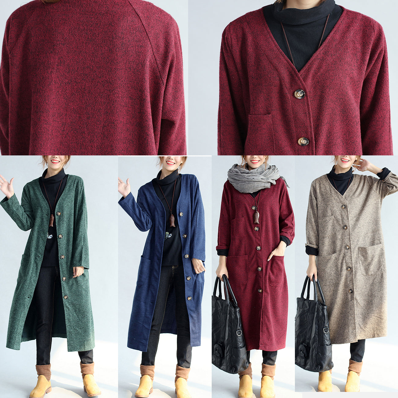 autumn winter warm navy cotton trench coats woolen loose pockets v neck cardigans CDG171101