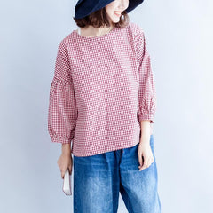 back button cotton t shirt oversize casual red white grid long sleeve tops LTP171028