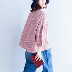 back button cotton t shirt oversize casual red white grid long sleeve tops LTP171028