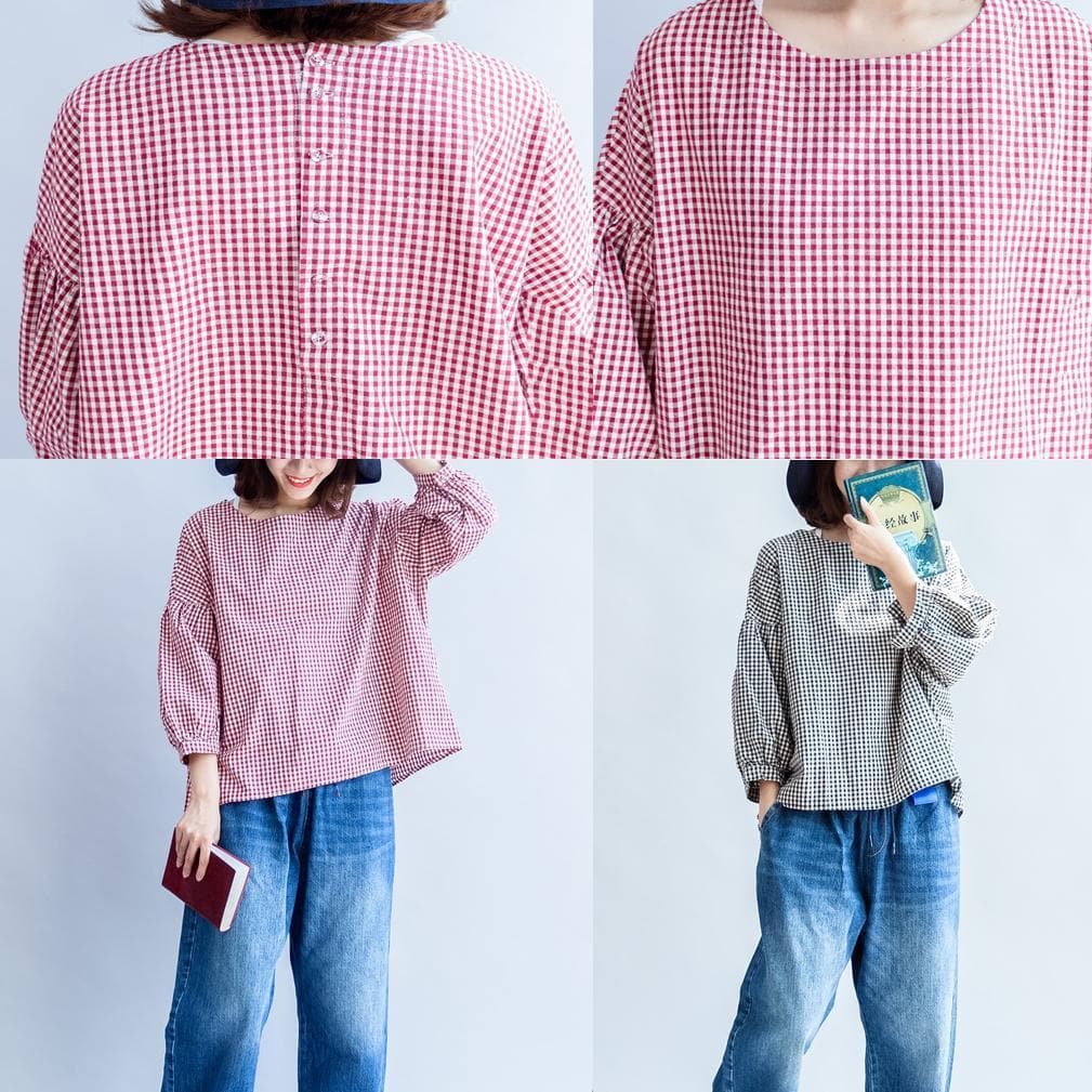 back button cotton t shirt oversize casual red white grid long sleeve tops LTP171028