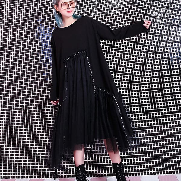 baggy black casual fall dresses patchwork tulle asymmetrical design women O neck Rivet knee dresses AT-FDM180917