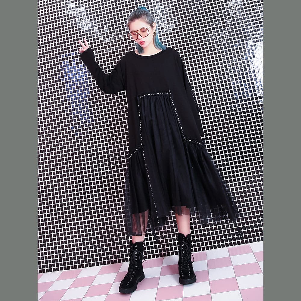 baggy black casual fall dresses patchwork tulle asymmetrical design women O neck Rivet knee dresses AT-FDM180917