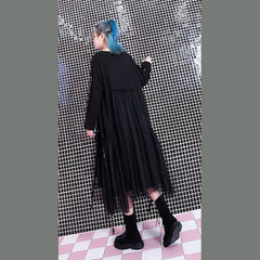 baggy black casual fall dresses patchwork tulle asymmetrical design women O neck Rivet knee dresses AT-FDM180917