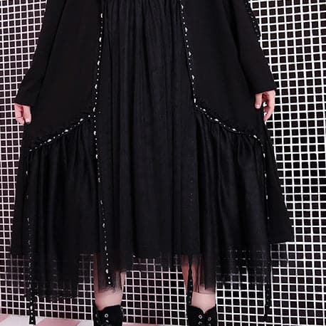 baggy black casual fall dresses patchwork tulle asymmetrical design women O neck Rivet knee dresses AT-FDM180917