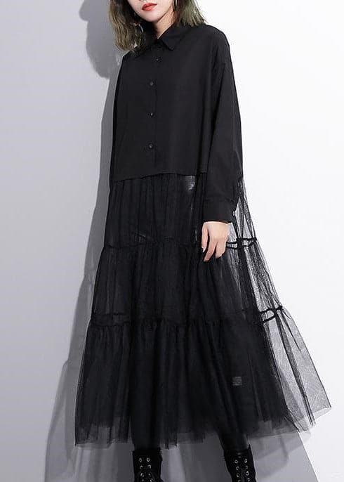 Baggy Black Cotton Dress Casual Patchwork Tulle Clothing Dresses New Lapel Collar Kaftans AT-FDL180213