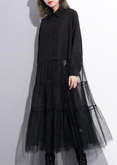 Baggy Black Cotton Dress Casual Patchwork Tulle Clothing Dresses New Lapel Collar Kaftans AT-FDL180213