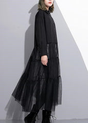 Baggy Black Cotton Dress Casual Patchwork Tulle Clothing Dresses New Lapel Collar Kaftans AT-FDL180213