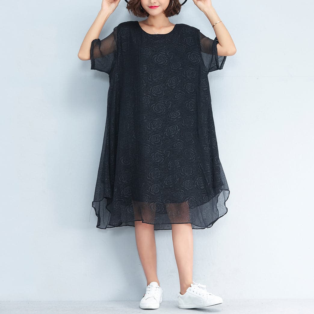 baggy black floral chiffon knee dress oversized traveling clothing Elegant short sleeve layered chiffon dress AT-SDM180313