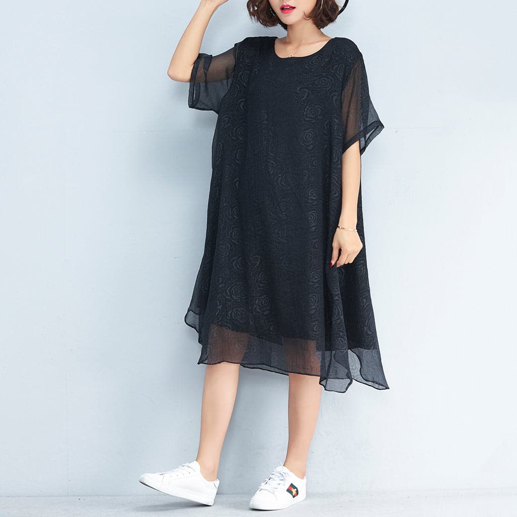 baggy black floral chiffon knee dress oversized traveling clothing Elegant short sleeve layered chiffon dress AT-SDM180313