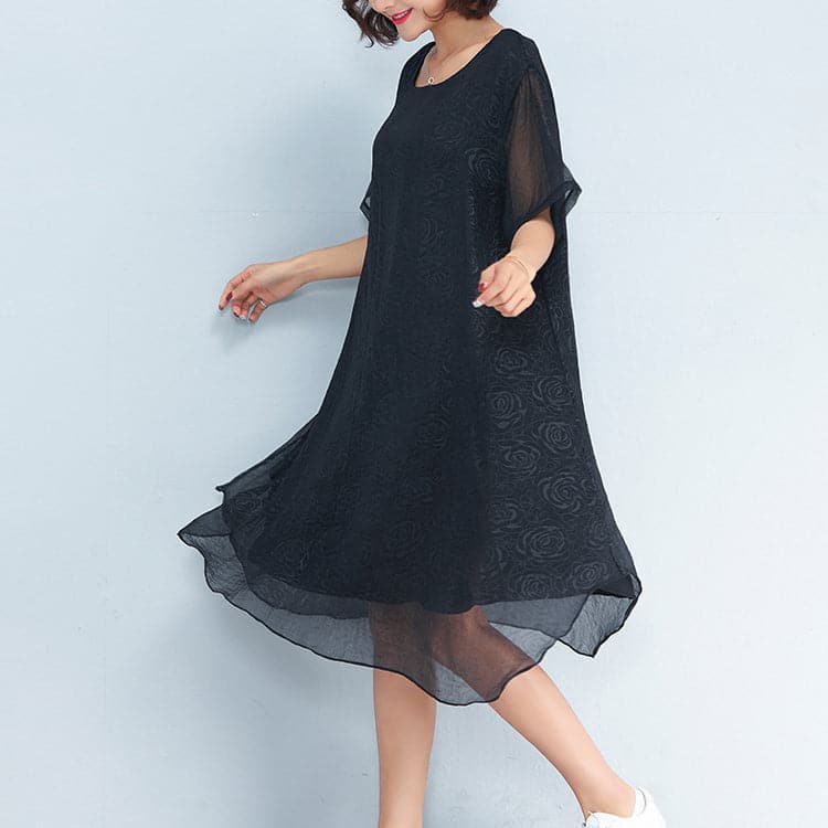 baggy black floral chiffon knee dress oversized traveling clothing Elegant short sleeve layered chiffon dress AT-SDM180313