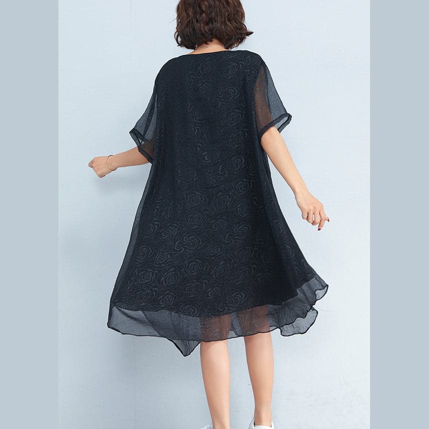 baggy black floral chiffon knee dress oversized traveling clothing Elegant short sleeve layered chiffon dress AT-SDM180313