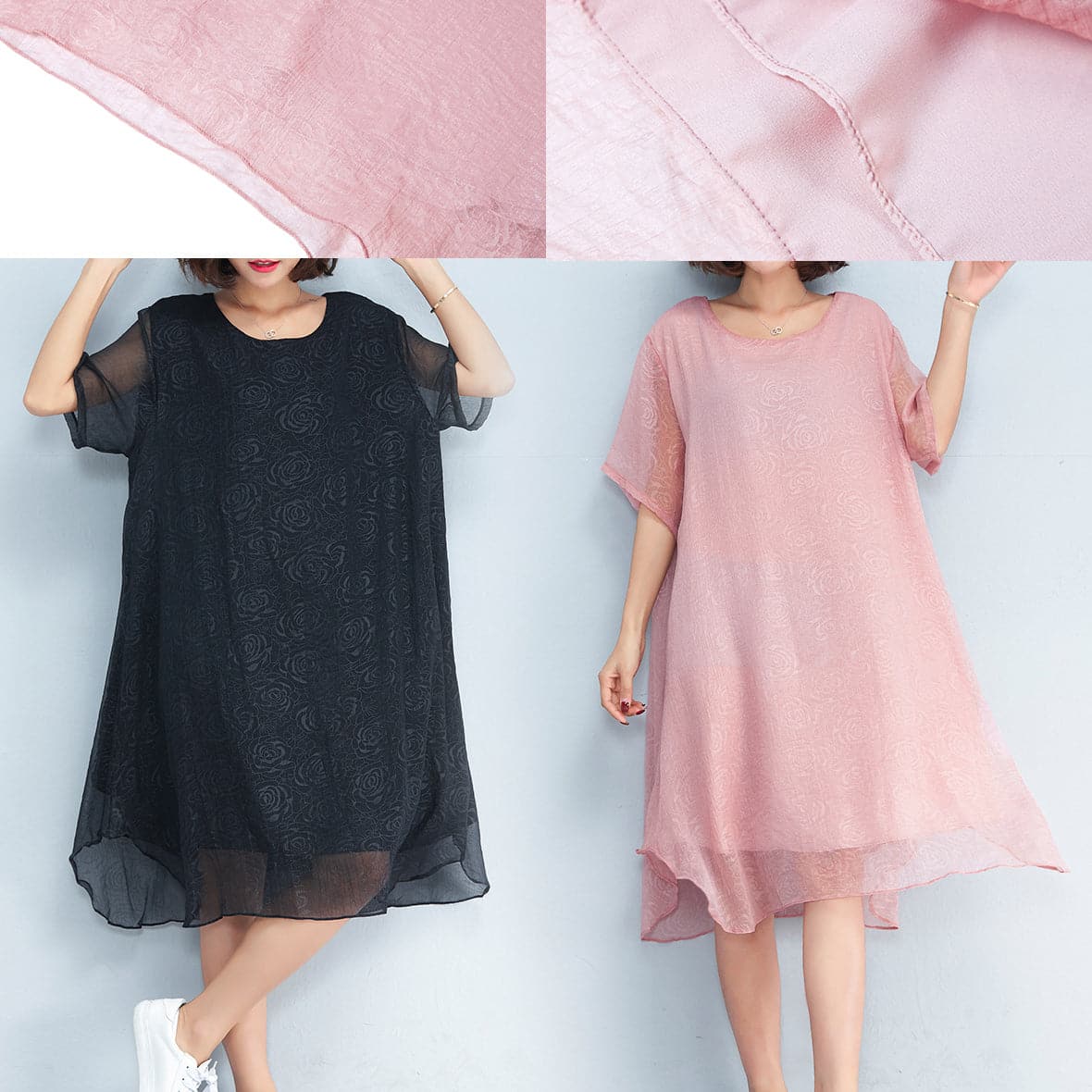 baggy black floral chiffon knee dress oversized traveling clothing Elegant short sleeve layered chiffon dress AT-SDM180313