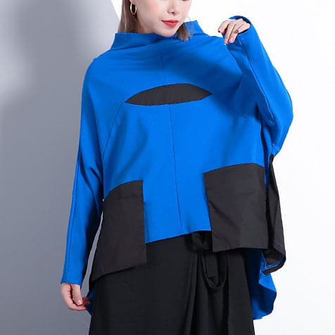 baggy blue cotton blended tops plus size clothing Turtleneck pockets Elegant Batwing Sleeve patchwork cotton blended tops AT-LTP1809911