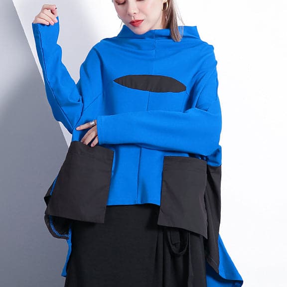 baggy blue cotton blended tops plus size clothing Turtleneck pockets Elegant Batwing Sleeve patchwork cotton blended tops AT-LTP1809911