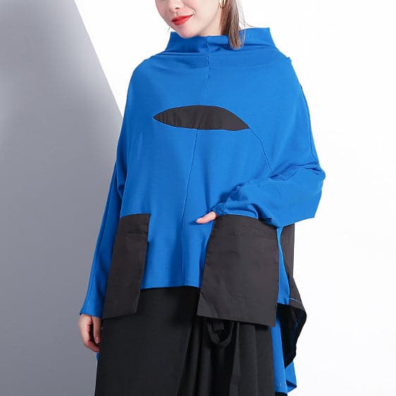 baggy blue cotton blended tops plus size clothing Turtleneck pockets Elegant Batwing Sleeve patchwork cotton blended tops AT-LTP1809911