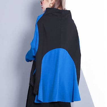 baggy blue cotton blended tops plus size clothing Turtleneck pockets Elegant Batwing Sleeve patchwork cotton blended tops AT-LTP1809911