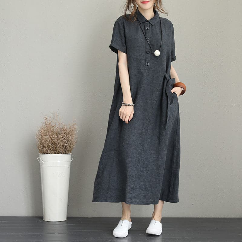 baggy dark gray long linen dresses casual side tie waist maxi dress Elegant lapel collar linen caftans SDL180727