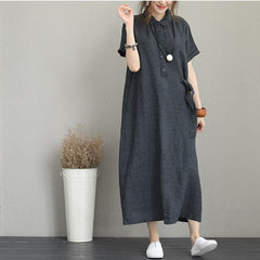 baggy dark gray long linen dresses casual side tie waist maxi dress Elegant lapel collar linen caftans SDL180727