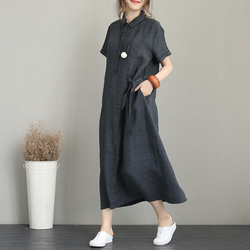 baggy dark gray long linen dresses casual side tie waist maxi dress Elegant lapel collar linen caftans SDL180727